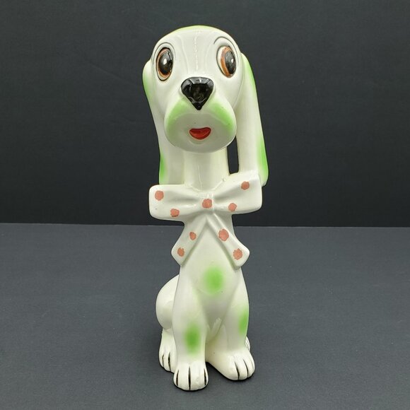 Kitschy Green & White Dog Figurine Anthromorphic Japan Dog with Bowtie Statue - Picture 8 of 9